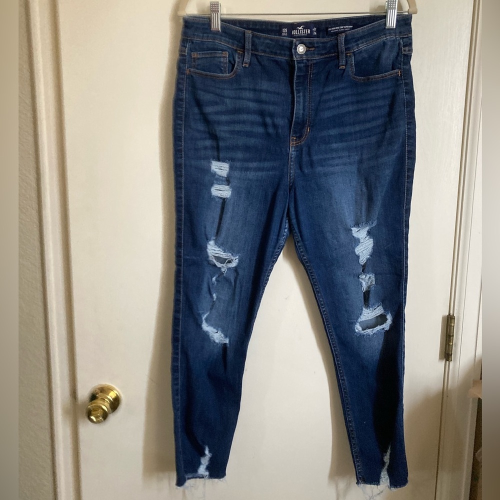 *Hollister Dark Wash Ultra Hi Rise Crop Super Skinny Distressed Ripped Jeans #S